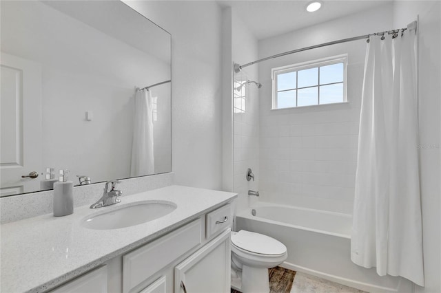 full bathroom featuring wood-type flooring, vanity, toilet, and shower / bathtub combination with curtain