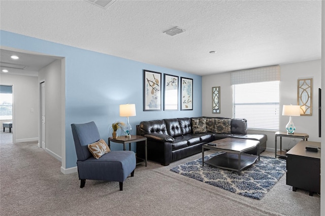 carpeted living room with a textured ceiling and a wealth of natural light