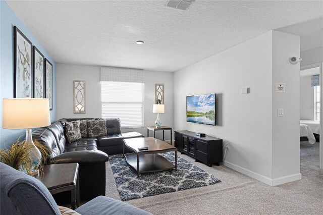 living room with carpet floors and a textured ceiling