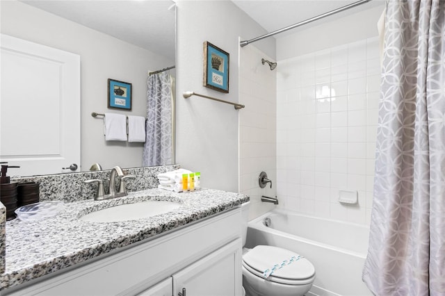 full bathroom with toilet, vanity, and shower / bathtub combination with curtain