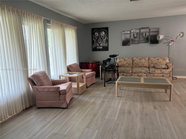 living room with a textured ceiling and light hardwood / wood-style floors