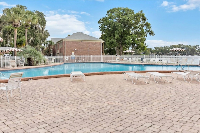 view of swimming pool featuring a patio