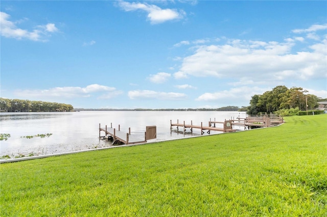 view of dock featuring a lawn and a water view