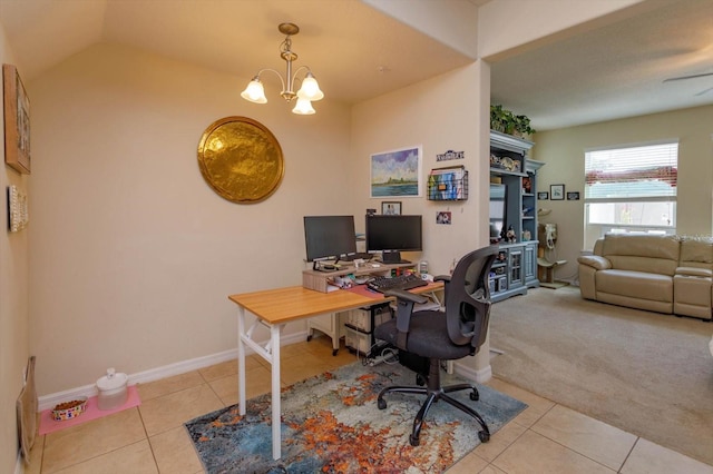tiled office space featuring an inviting chandelier, carpet, baseboards, and lofted ceiling