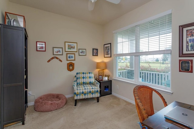 carpeted office space featuring ceiling fan