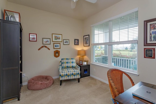 office with baseboards, carpet floors, and a ceiling fan