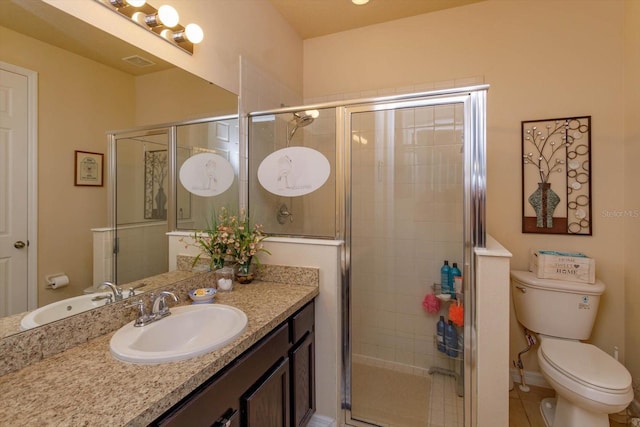 full bath with visible vents, toilet, a stall shower, and vanity