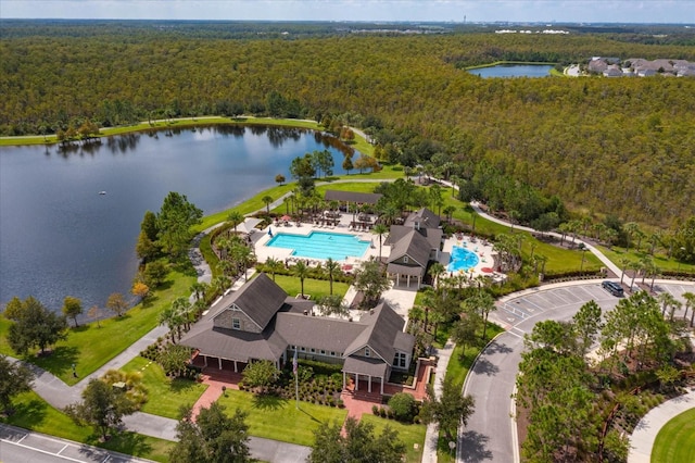 birds eye view of property featuring a water view