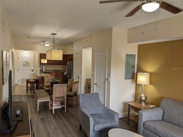 12527 Floridays Resort Dr Unit 510E, Orlando, FL 32821 - living room featuring sink, ceiling fan, electric panel, and dark hardwood / wood-style flooring