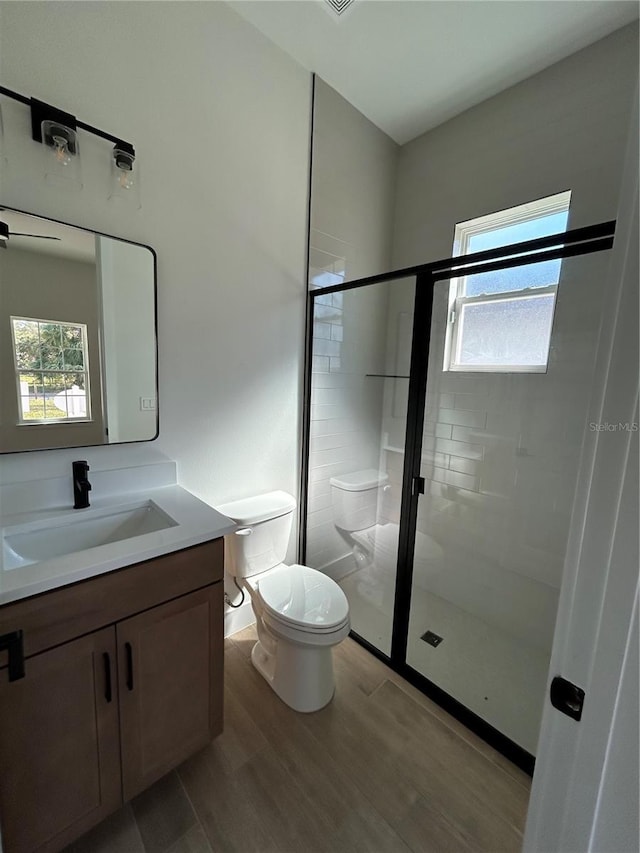 bathroom with vanity, wood-type flooring, toilet, and a shower with shower door