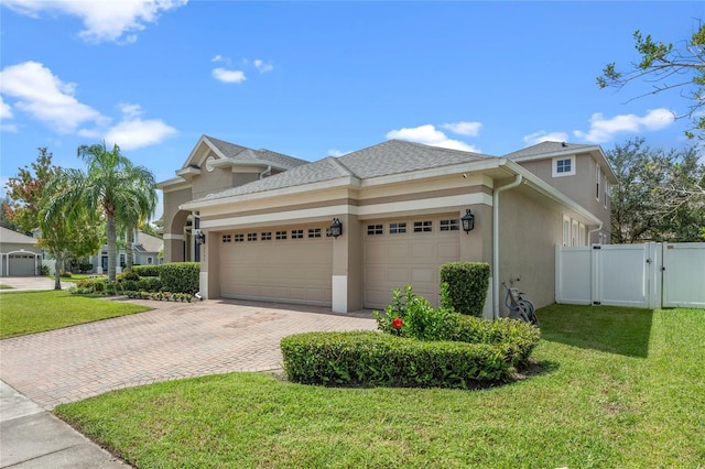 view of front of home with a garage and a front lawn