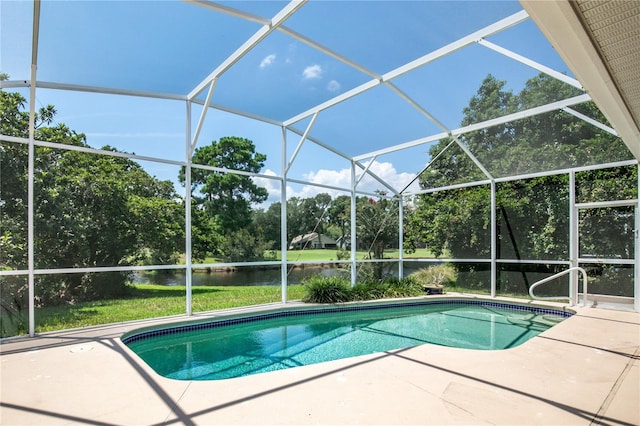 view of swimming pool with a patio, a water view, and glass enclosure