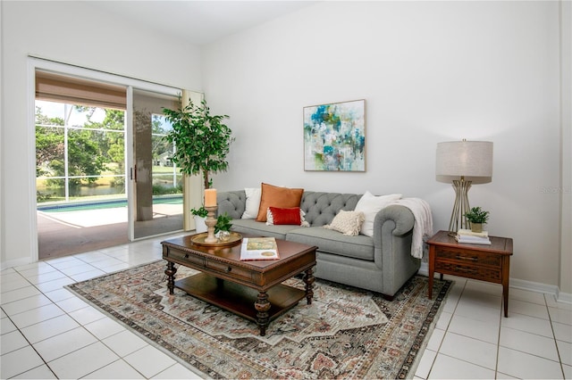 living room featuring light tile patterned flooring