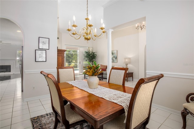 tiled dining room with ornamental molding