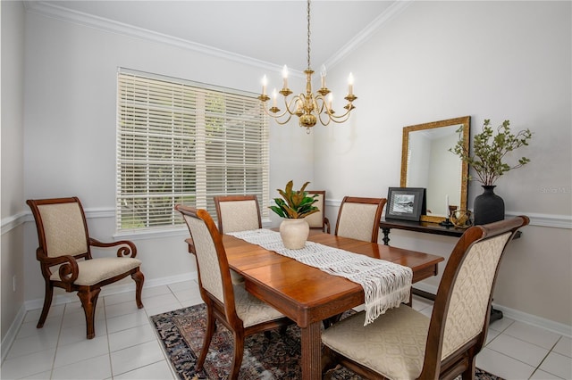 dining room with crown molding, light tile patterned flooring, and a chandelier