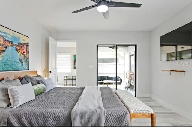 bedroom featuring ceiling fan and light wood-type flooring