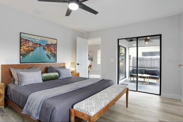 bedroom with access to outside, light hardwood / wood-style floors, and ceiling fan