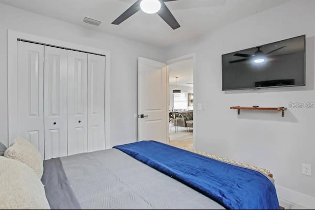 bedroom with ceiling fan and a closet