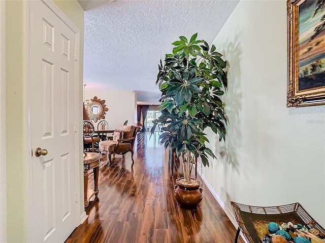 hallway with a textured ceiling and hardwood / wood-style floors