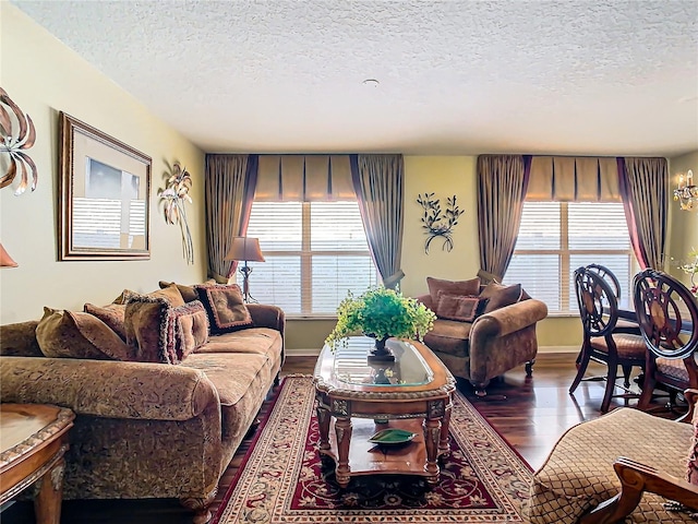 living room featuring wood-type flooring, a textured ceiling, and a healthy amount of sunlight