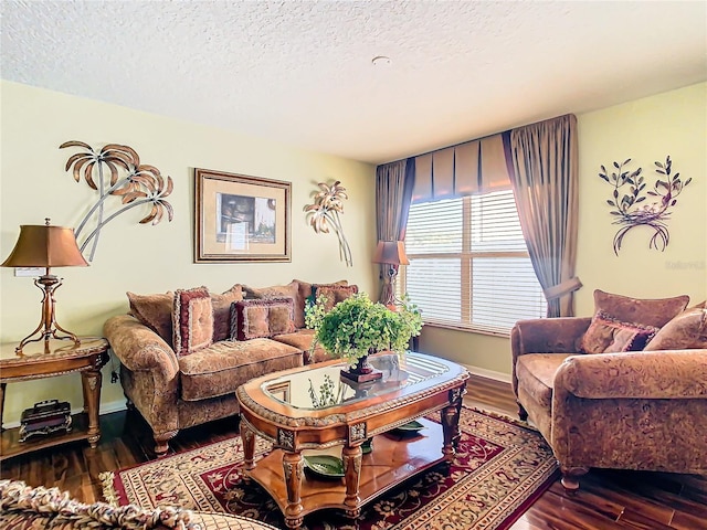 living room with a textured ceiling and hardwood / wood-style floors