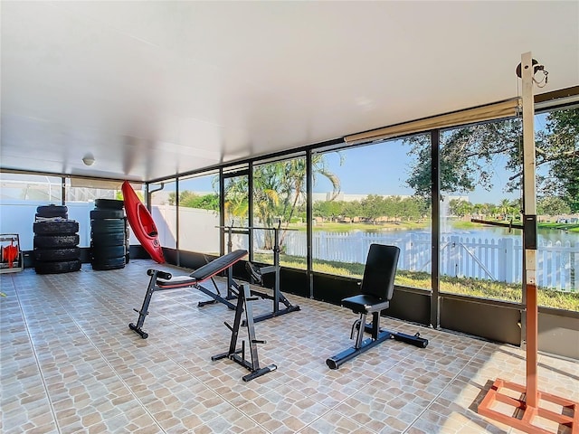 interior space with a water view