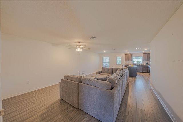 living room with wood-type flooring and ceiling fan