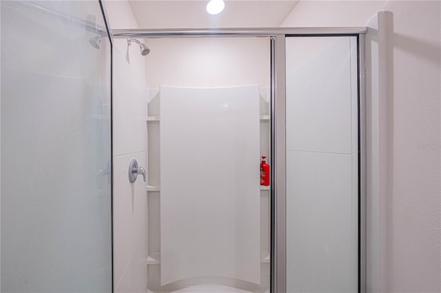 bathroom featuring a shower with shower door