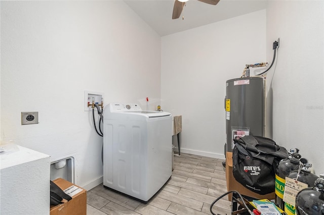 washroom featuring ceiling fan, washer / clothes dryer, electric water heater, and light hardwood / wood-style floors