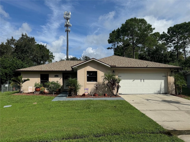 single story home with a front lawn and a garage