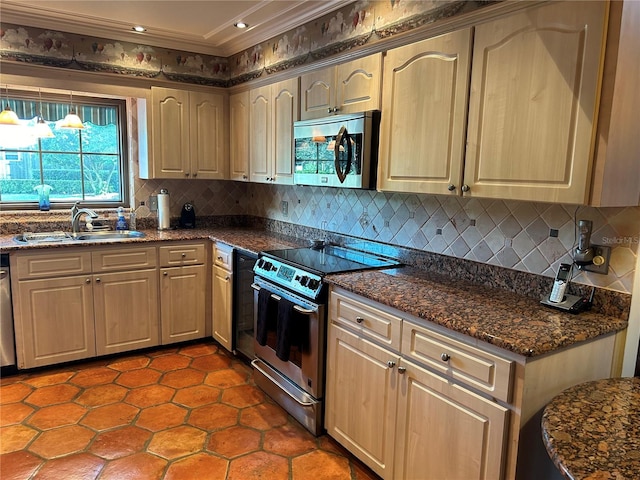 kitchen with crown molding, stainless steel appliances, tasteful backsplash, a sink, and dark stone countertops