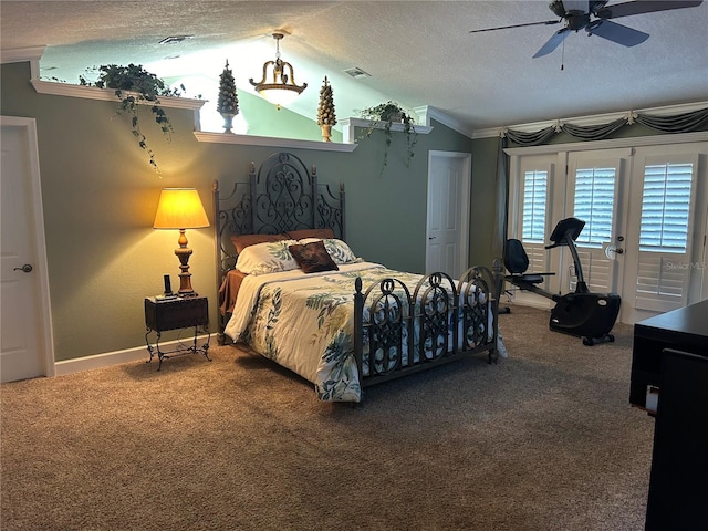 bedroom with carpet floors, access to exterior, lofted ceiling, visible vents, and a textured ceiling