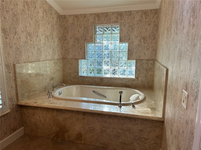 full bath featuring plenty of natural light, crown molding, a bath, and tile patterned floors