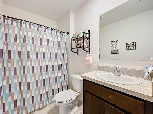 bathroom featuring vanity, toilet, curtained shower, a textured ceiling, and tile patterned flooring