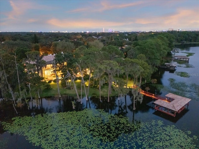 aerial view at dusk with a water view