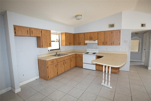 kitchen with sink, light tile patterned flooring, lofted ceiling, and white electric range