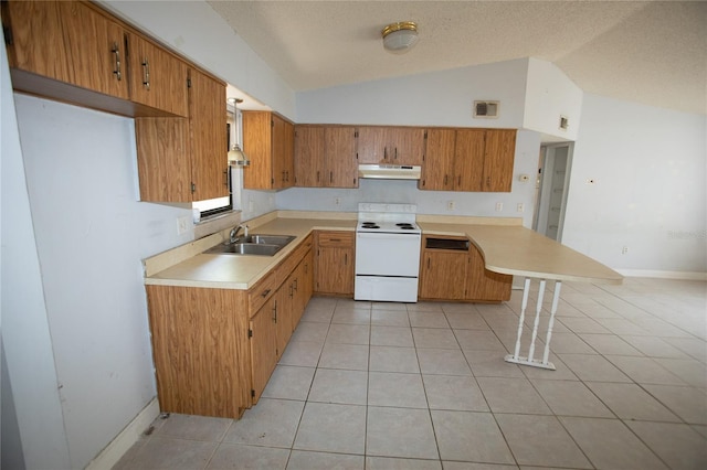 kitchen featuring light tile patterned flooring, white range with electric cooktop, lofted ceiling, and sink