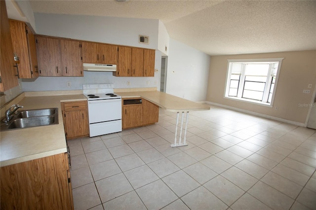 kitchen with sink, white electric range oven, a kitchen breakfast bar, lofted ceiling, and light tile patterned floors