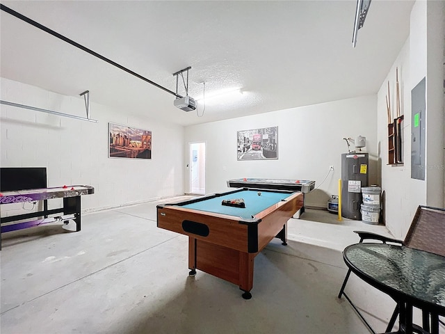 playroom featuring electric water heater, a textured ceiling, billiards, and electric panel