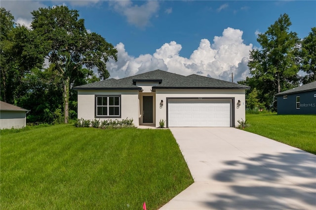 view of front facade with driveway, a front yard, roof with shingles, stucco siding, and a garage
