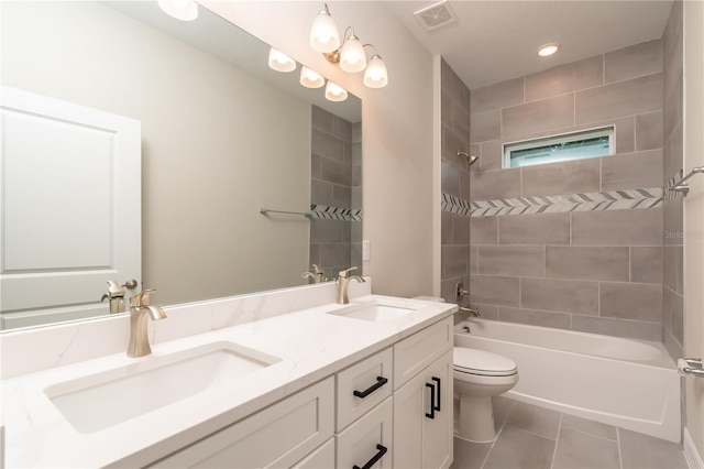 bathroom with toilet, a sink, shower / bathing tub combination, tile patterned flooring, and visible vents