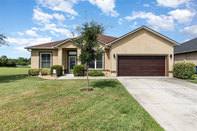 ranch-style home with a front yard and a garage