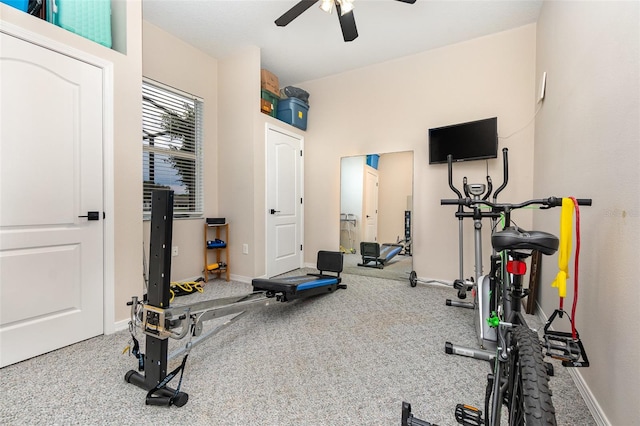 exercise room featuring carpet floors and ceiling fan