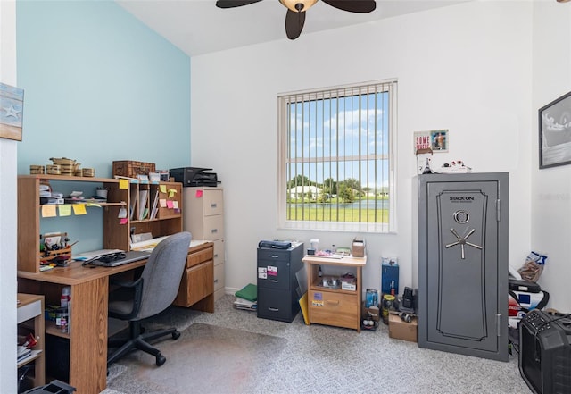 office area with ceiling fan and light colored carpet