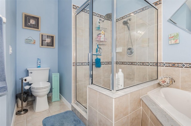 bathroom featuring plus walk in shower, toilet, and tile patterned floors