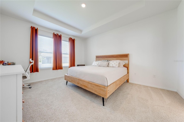 carpeted bedroom featuring a tray ceiling