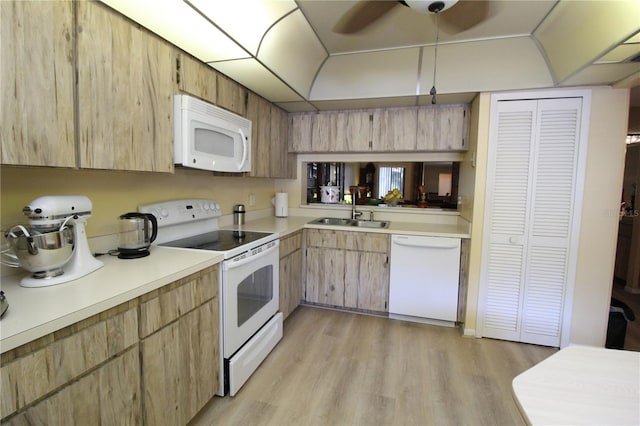 kitchen with ceiling fan, light hardwood / wood-style flooring, sink, and white appliances