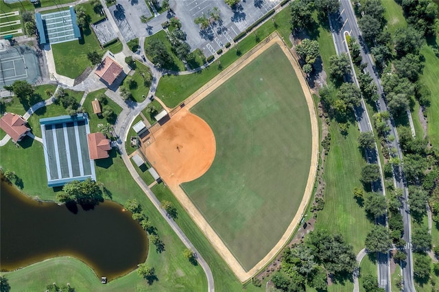 bird's eye view with a water view