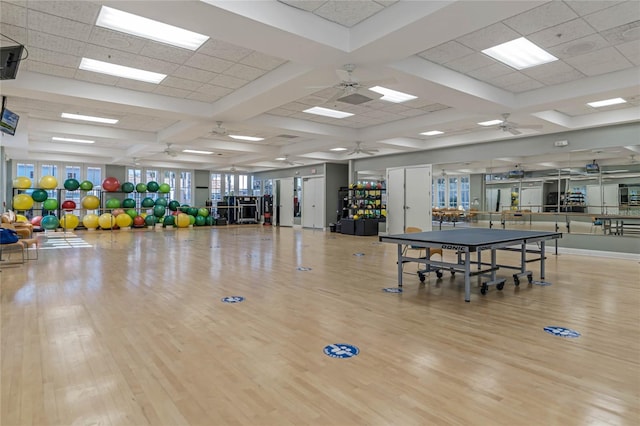 rec room with ceiling fan, a drop ceiling, and light hardwood / wood-style floors