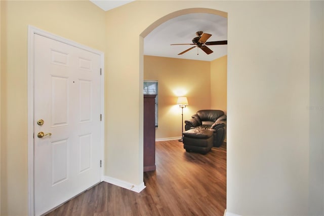 foyer with ceiling fan and hardwood / wood-style floors